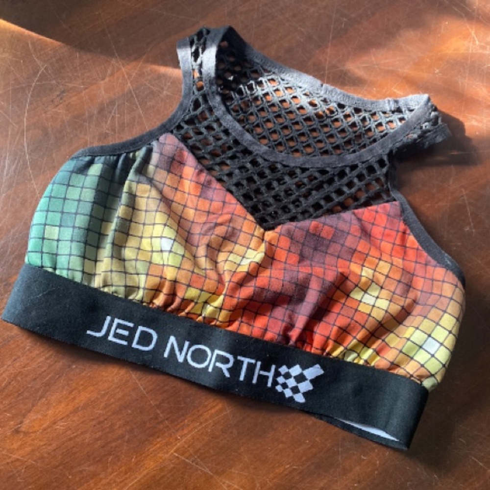 Jed North Multicolor Mosaic High Neck Sports Bra with Black Mesh